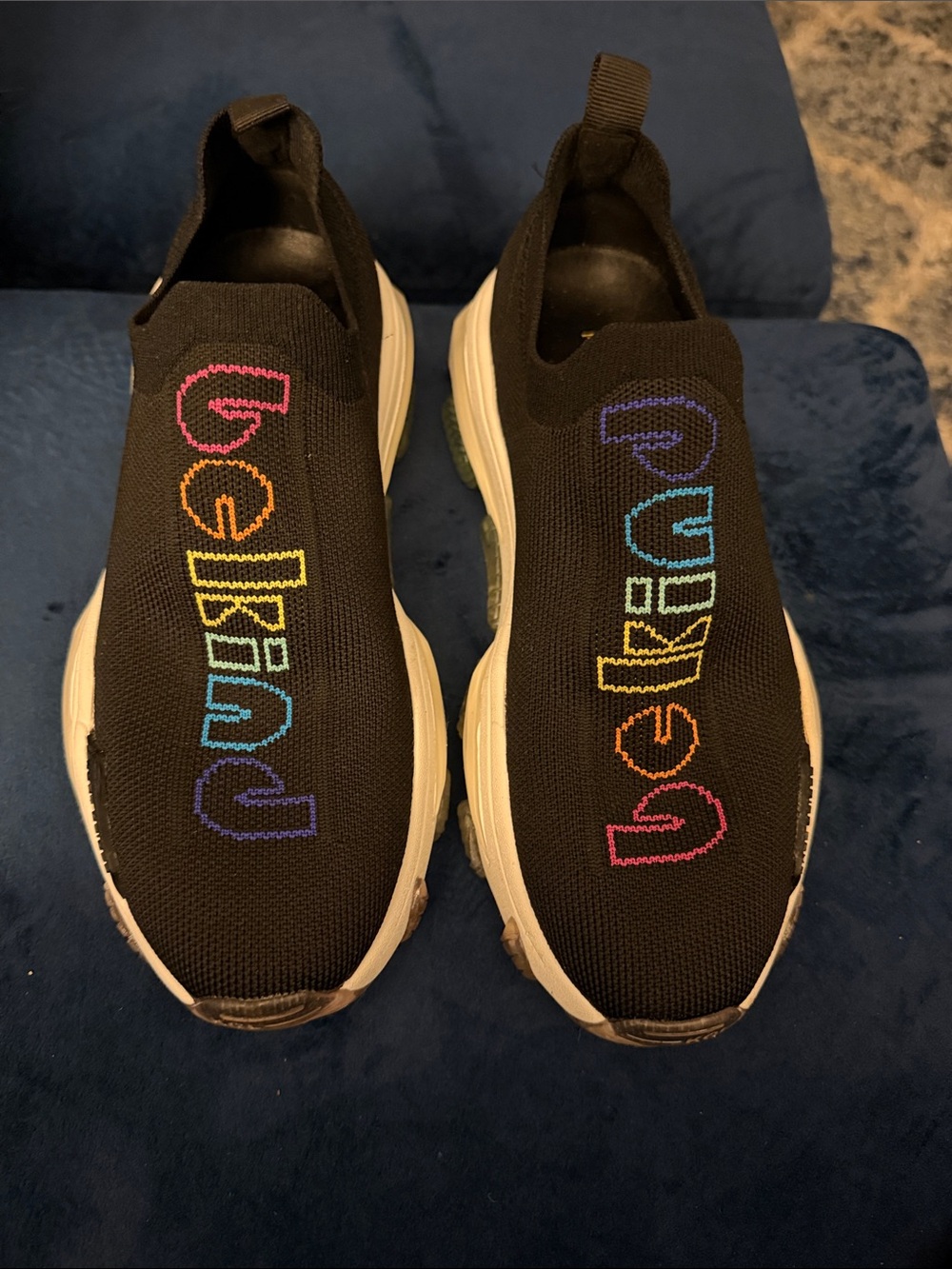 Kurt Geiger Black Slip-On Knit Sneakers with Rainbow Embroidered Logo